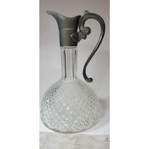 Vintage Diamond Pattern Glass Pitcher/Decanter with Ornate Pewter Top, Claret...